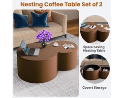 Ronde Salontafel Set 2 Stuks met Nesting Design – Houten Trommelvormige Bijzettafels voor Kleine Ruimtes, Woonkamer, Slaapkamer, Balkon en Kantoor – Pauwhome