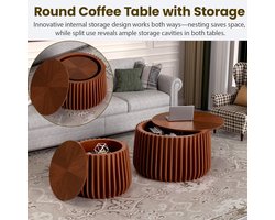 Ronde Salontafel Set 2 Stuks met Opbergruimte Ø68x39,5 cm & Ø50x34,5 cm – Houten Nesting Couchtfel in Walnoot Tambour Design voor Woonkamer en Kleine Ruimtes – Pauwhome