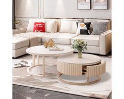 Ronde Salontafel Set - Nesting Tafels - Woonkamer Inrichting - 8mm Steen Tabletop - 50cm en 70cm - Wit