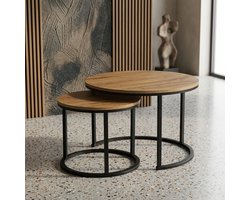 Ronde Salontafel Set van 2 – 70 & 50 cm – MDF Hout – Zwarte Poten