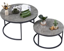 Ronde Salontafel Set van 2 - Grijs Marmer met Metalen Frame - Modern Woonkamertafel