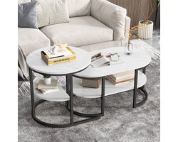 Ronde salontafel set van 2, marmerlook koffietafel met zwart metalen frame, hoge lage bijzettafel met MDF blad en opbergruimte, moderne woonkamer tafel