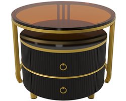 Ronde salontafel set van 2 - Met 2 lades en opbergruimte - Hoogglans zwart en bruin gehard glas - Woonkamer - 70x70cm en 50x50cm
