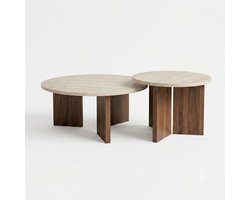 Ronde Salontafel Set van 2 – Salontafel travertin – Travertin Look – MDF – Ø70 & Ø50 cm