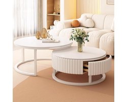 Ronde Salontafel Set van 2 - Witte Nesting Tafels voor Woonkamer en Kantoor - Marmeren Theetafels met Laden