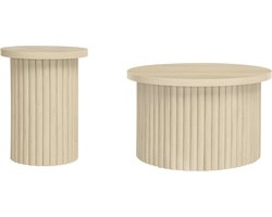 Ronde salontafel - Set van twee - Inclusief geïntegreerd bijzettafeltje - Tafelblad - Golvende structuur - Woninginrichting - MDF - Geschikt voor woonkamer, slaapkamer, studeerkamer of kantoor - Gebroken wit