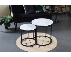 Ronde salontafel set XL wit Ø 50 x 52 cm hoog / Ø 40 x 42 cm hoog Marmer Look wit / Ronde Bijzettafel / Industrieel / Salontafels / Tafel Rond / Salon Woonkamer Eettafel Zwarte Accessoires / Vintage Eetkamer Industriele Koffietafel Huiskamer