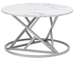 Ronde salontafel Wit Marmerlook met Zilver Frame - Moderne Bijzettafel voor Woonkamer