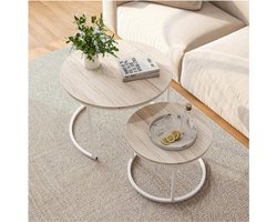 Ronde Salontafel Woonkamer - Eiken Salontafel Nesttafel Set van 2 - Metalen Frame/Houten Banktafel - Stevige en Eenvoudige Montage - Moderne Stapeltafel voor Slaapkamer, Kantoor, Balkon - Wit