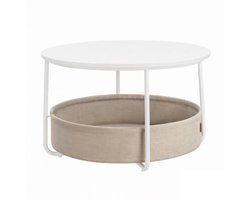 Ronde salontafel woonkamer tafel 75×75×45 cm wit met stoffen opbergmand dubbele grote capaciteit modern minimalistisch stevig metalen frame geschikt voor woonkamer en slaapkamer
