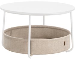 Ronde salontafel - Woonkamertafel - Opbergen en decoreren - Met stoffen mand - 75 cm diameter - Wit en bruin