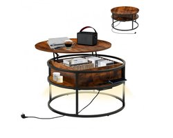 Ronde salontafel - Woonkamertafel - Verstelbare werkplek - Met opbergruimte - 80 x 80 cm - Bruin