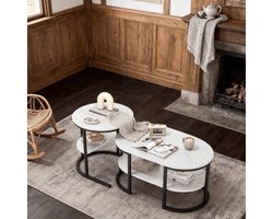 Ronde Salontafels – Bijzettafels – Snacktafels – Nesting Tafels – Zwart – Marmerlook – Compact Design – Stevig MDF Metalen Frame