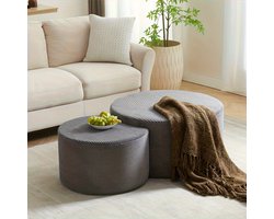 Ronde Salontafels – Koffietafel – Bijzettafel – Nachtkastje – Voetenbankje – Set van 2 – Bamboe Materiaal – Met Opbergruimte – Grijs – Compact & Stevig