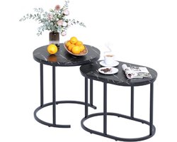 Ronde Salontafels-Set Van 2-Moderne Nesting Bijzettafels-Zwarte Metalen Frame-Zwarte Marmeren Look-Voor Woonkamer-Slaapkamer-Kantoor-Balkon