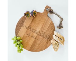 Ronde serveerplank met Skyline van Amsterdam | Gegraveerde snijplank, hapjesplank, borrelplank met handvat | Cadeau, geschenk