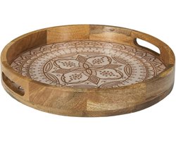 Ronde Serveerschaal - Dienblad Decoratie - Tafel Presentatie - Mangohout Terracotta Afwerking - D35 cm - Bruin Wit Oranje