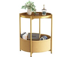 Ronde Side Table - Kleine Tafel - Metaal Balkon Tafel - 2 Niveaus - Koffietafel met Stoffen Mand - Bedtafel - Woonkamer Tafel - Side Tables voor Woonkamer - Slaapkamer - Patio - Goud - Functionele Meubels - Modern Design