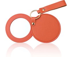 Ronde Sleutelhanger Pocket Mirror - Draagbare Handspiegel met PU Leren Hoesje voor Handtas, Make-up, Reis en Kantoorgebruik (Oranje)