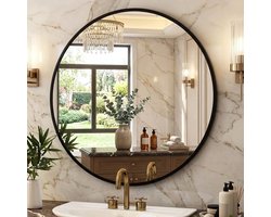 Ronde spiegel 60,96 x 60,96 cm (L x B), zwart, ronde wandspiegel met geborsteld aluminium frame, moderne stijl, geschikt voor badkamers, woonkamers, kaptafels, slaapkamers en hallen