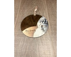 Ronde Spiegelhanger met Boeddha & Inspirerende Tekst – Wanddecoratie met Satijnen Ophanglint – Family Decoratie
