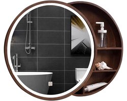 Ronde Spiegelkast - Houten Kast - Badkamer Opbergen - Met LED Licht - Wandmontage - Bruin