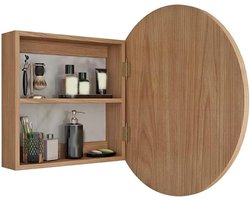 Ronde Spiegelkast - Wandkast Hout - Badkamer Opbergen - 3 Hoogte-instellingen - 50x50cm - Geel