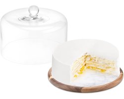 Ronde taartplateau met glazen stolp - Hout en marmer - Diameter 28 cm