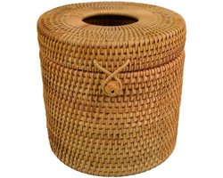 Ronde tissuebox - Papierrolhouder - Badkamer Organisatie - Handgeweven rotan - 15x14cm - Lichtbruin