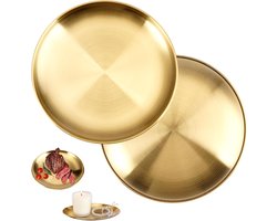 Ronde Tray - 20 cm - Goud - 2 Stuks - Decoratieve Platen - Ronde Gouden Tray - Roestvrij Staal - Geschikt voor Thuis - Keuken - Kamperen