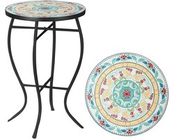 Ronde tuintafel, bijzettafel met mozaïekpatroon en metalen poten voor in de tuin, op het terras, buitengebruik en op het balkon – 35,5 x 35,5 x 53,5 cm – Turquoise