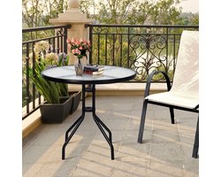 Ronde Tuintafel ISLAND Ø90 cm – Stijlvol Design – Gehard Glazen Tafelblad met Decoratief Patroon – Sterk Zwart Metalen Frame – Weerbestendig & Onderhoudsvriendelijk – Compact Formaat – Ideaal voor Balkon, Tuin, Terras, Patio of Serre