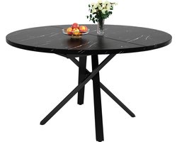 Ronde Uitschuifbare Eettafel, 100 cm (Uit te Schuiven naar 140 cm), Marmer Look, X-Vormig Metalen Frame, Zwart, 75 cm Hoog