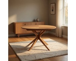 Ronde Uitschuifbare Eettafel 90-130 cm – Houten Eiken Look – 4 tot 6 Personen – Ruimtebesparend – Moderne Kolompoot Tafel – Ganeey