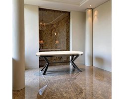 Ronde Uitschuifbare Eettafel ‘Marsanne Oak’ – Goud Eiken – Ø100-176 cm / Ø120-196 cm – 8-10 Personen – Hout & Metaal – Industriële Eettafel