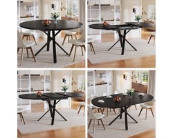 Ronde uitschuifbare eettafel met marmerpatroon 100-140x75,5 cm - zwart X-vormig metalen frame - keuken eettafel - ontbijttafel