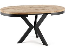Ronde Uitschuifbare Eettafel – Natuurlijk Eiken – Ø100-138 cm – Industriële Eettafel voor 4-6 Personen – Houten Tafelblad met Metalen Onderstel – Moderne Uitschuifbare Eettafel Rond