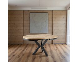 Ronde Uitschuifbare Eettafel Ø100-138 cm – Hout & Metaal – Natuurlijk Eiken – 4 Personen – Industrieel Design – Puntarelli