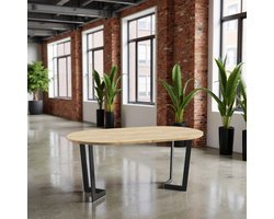 Ronde Uitschuifbare Eettafel Ø90-140 cm - Goud Eiken - 6 Personen - Houten Tafelblad met Metaal Frame - Industriële Eettafel