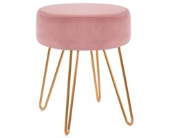 Ronde Velours Kruk met Metalen Poten voor Woonkamer en Slaapkamer - Licht Roze