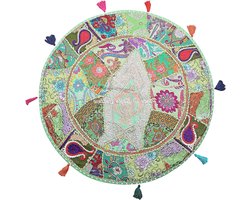 Ronde vloerkussenhoes - Zitkussen Boho - Decoratie Zithoek - Uniek Patchwork Ontwerp - 70x70cm - Groen