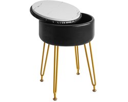 Ronde Voetsteun Kruk met Opslag - Make-up Vanity Stoel en Bijzettafel - PU Kaptafel Zitting met Verwijderbare Cover en Gouden Stalen Poten - Zwart