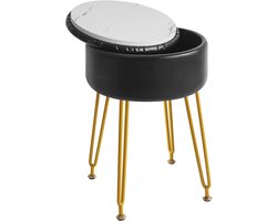 Ronde Voetsteun Kruk met Opslag - Make-up Vanity Stoel en Bijzettafel - PU Kaptafel Zitting met Verwijderbare Cover en Gouden Stalen Poten - Zwart