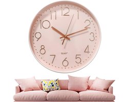 Ronde Wandklok 30 cm - Stille Kwarts Klok Zonder Tikgeluid - Voor Kinderkamer & Woonkamer - Roze/Roségoud