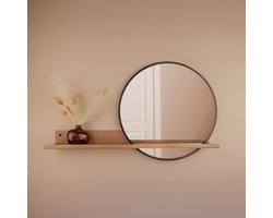 Ronde wandspiegel met plank beige- Zwarte hal spiegel diameter 51 cm - Spiegel met wandplank- Woonkamer - Badkamer - Toilet - Spiegelplank - ByBresi Belvi Beige