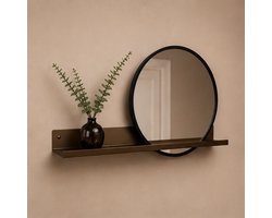 Ronde wandspiegel met plank brons - Zwarte hal spiegel diameter 51 cm - Spiegel met wandplank- Woonkamer - Badkamer - Toilet - Spiegelplank - By Bresi Belvi Brons