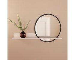Ronde wandspiegel met plank wit - Zwarte hal spiegel diameter 51 cm - Spiegel met wandplank- Woonkamer - Badkamer - Toilet - Spiegelplank - ByBresi Belvi Wit