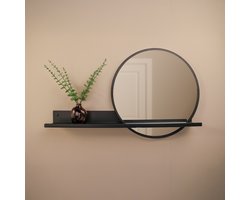 Ronde wandspiegel met plank zwart - Zwarte hal spiegel diameter 51 cm - Spiegel met wandplank- Woonkamer - Badkamer - Toilet - Spiegelplank - ByBresi Belvi Zwart