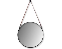 Ronde wandspiegel met riem - ø60 cm - zwart/bruin