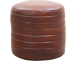Ronde Zitpoef van Echt Leer Cognac - Grote Voetenbank en Kruk voor Woonkamer